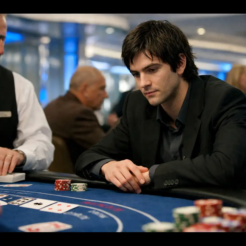 Kadr z filmu 21 z 2008 roku, Jim Sturgess jako Ben Campbell przy stole do blackjacka