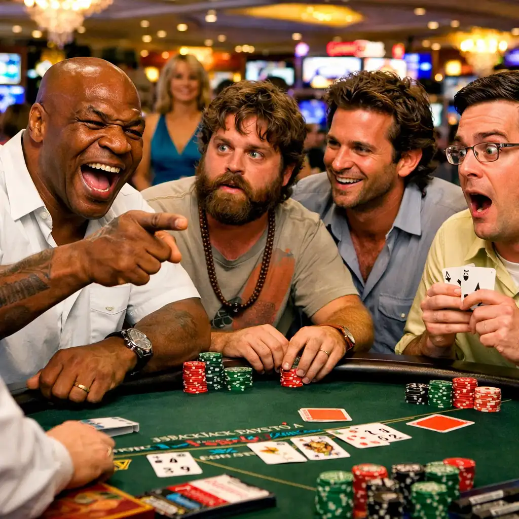 Kadr z filmu The Hangover z Mikem Tysonem przy stole do blackjacka