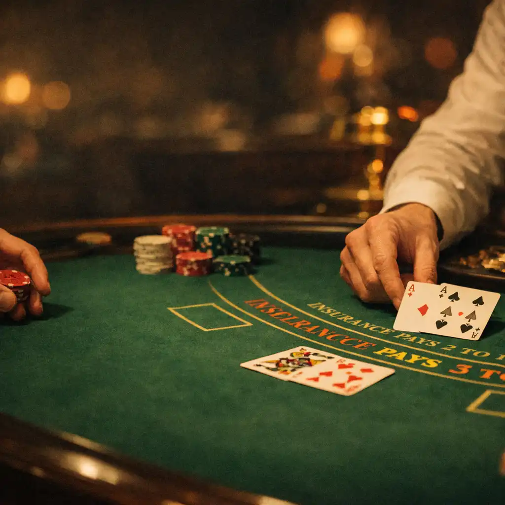 Atmosferyczna scena przy stole do blackjacka w eleganckim kasynie, z kartami i żetonami