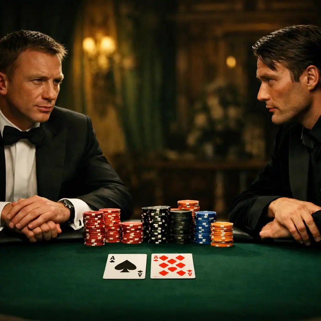 Scena z Casino Royale: Daniel Craig jako James Bond przy eleganckim stole pokerowym, naprzeciwko Madsa Mikkelsena