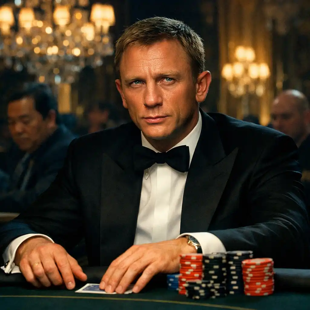 James Bond w smokingu przy stole pokerowym w wielkiej sali kasyna