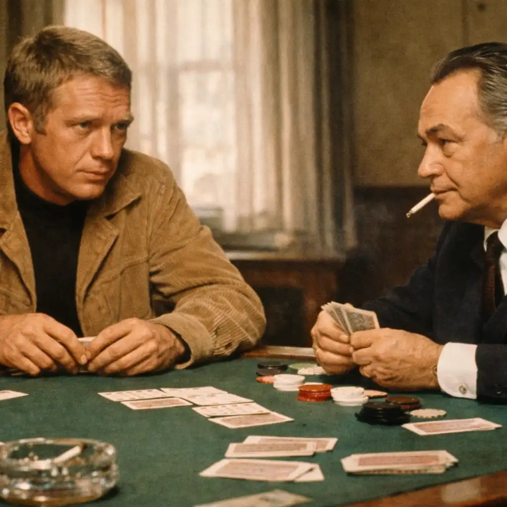 Kadr z Cincinnati Kid: Steve McQueen i Edward G. Robinson przy stole pokerowym w stylistyce lat 60.