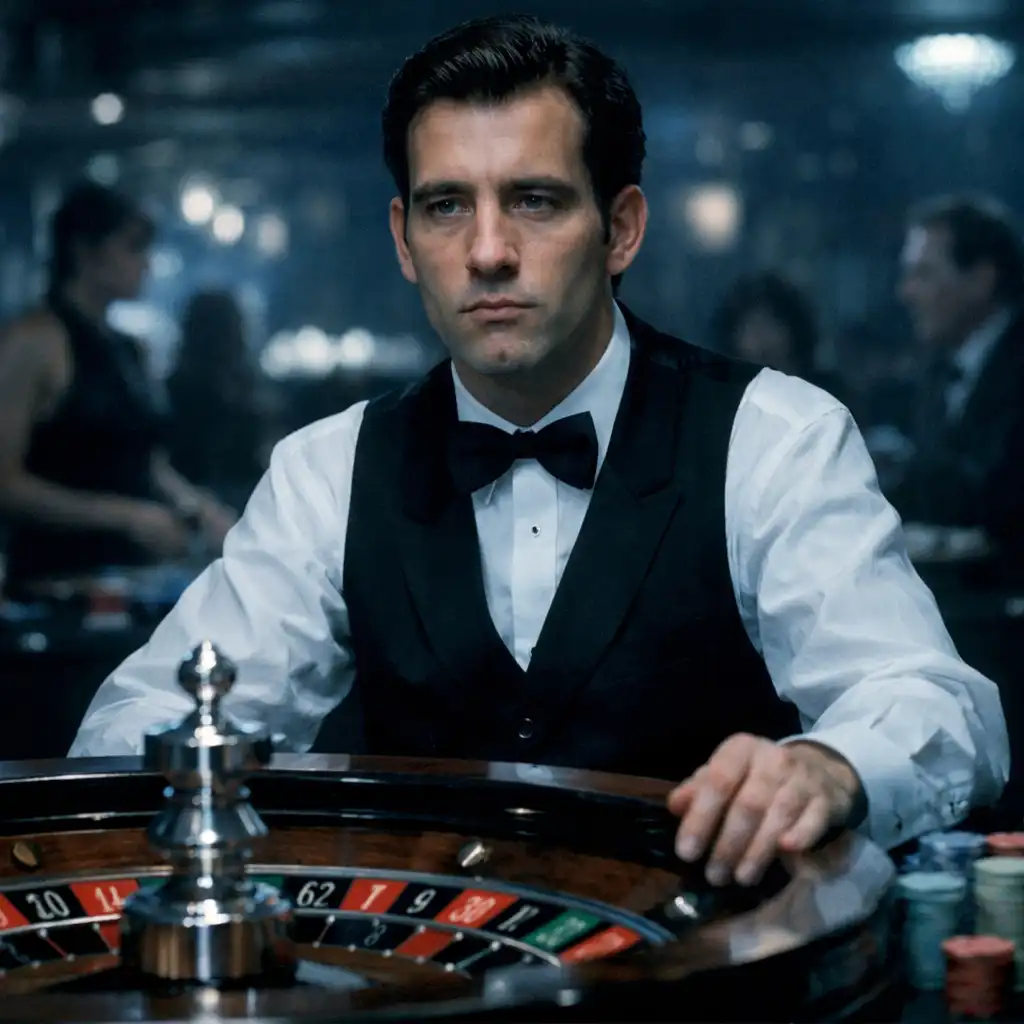 Kadr z filmu Croupier (1998): Clive Owen jako krupier przy stole do ruletki