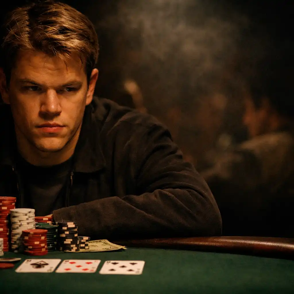 Kadr z filmu Hazardziści: Matt Damon przy stole pokerowym w zadymionym klubie, na stole karty i żetony