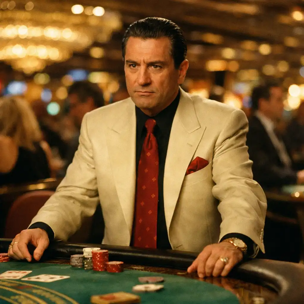 Kadr z filmu Kasyno z 1995 roku, Robert De Niro jako Sam Ace Rothstein przy stole do blackjacka