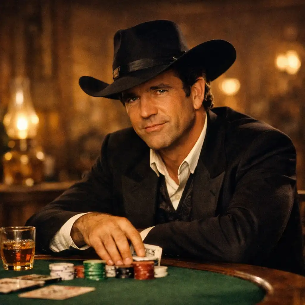 Mel Gibson w kapeluszu kowbojskim przy stole pokerowym w filmie Maverick
