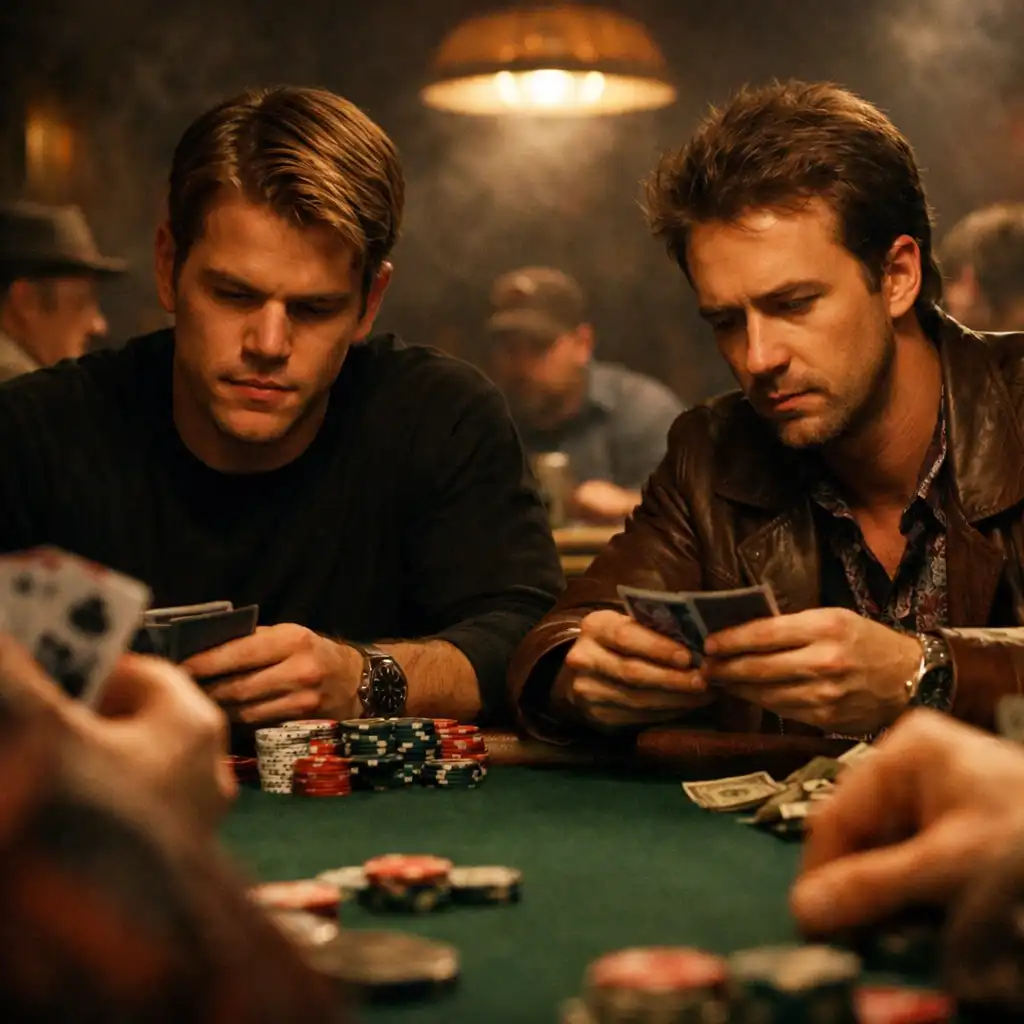 Scena z filmu Rounders z 1998 roku, Matt Damon i Edward Norton przy stole pokerowym