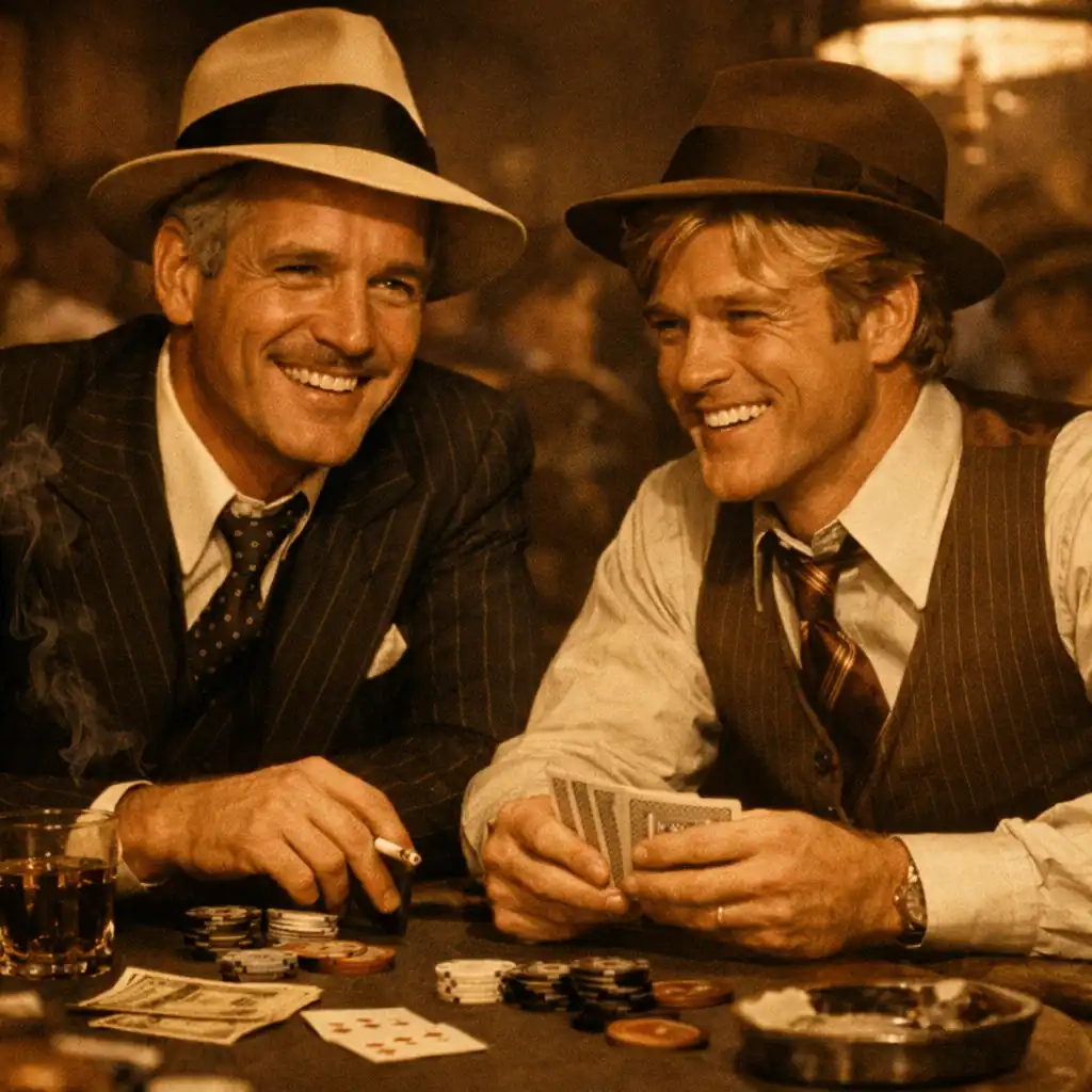 Kadr z filmu The Sting (1973): Paul Newman i Robert Redford przy stole karcianym